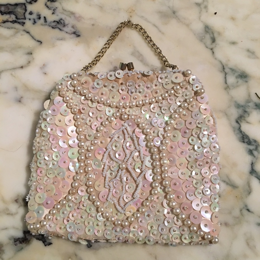 Ivory pearl beaded vintage purse